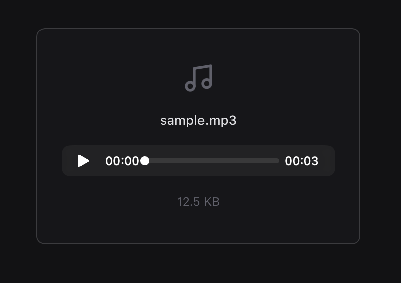 An mp3 file rendered as a compact audio card in the ADE: filename, play/scrub controls, and file size