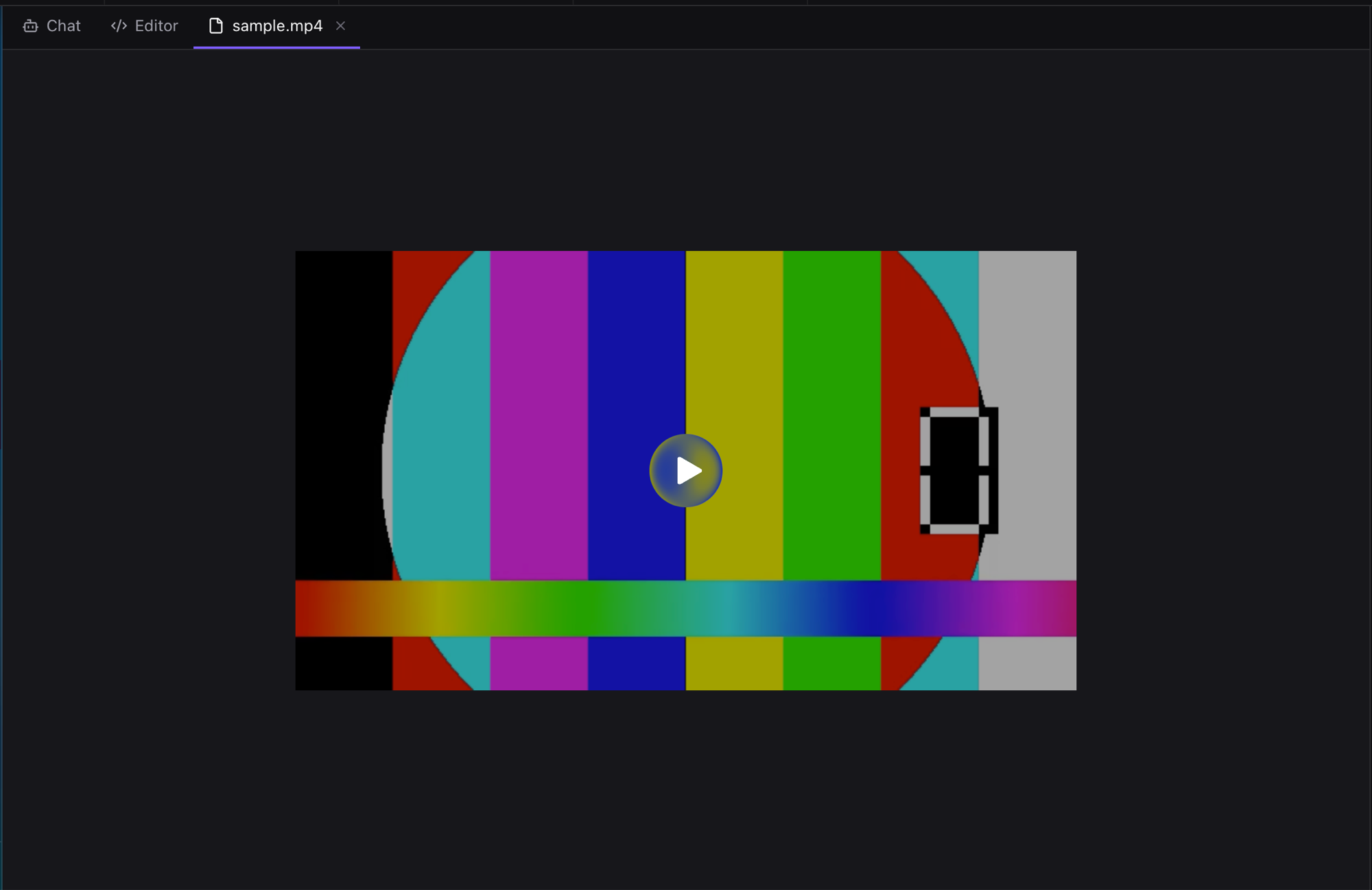 A sample.mp4 open in the ADE center pane, playing inline with the native video player on a dark background