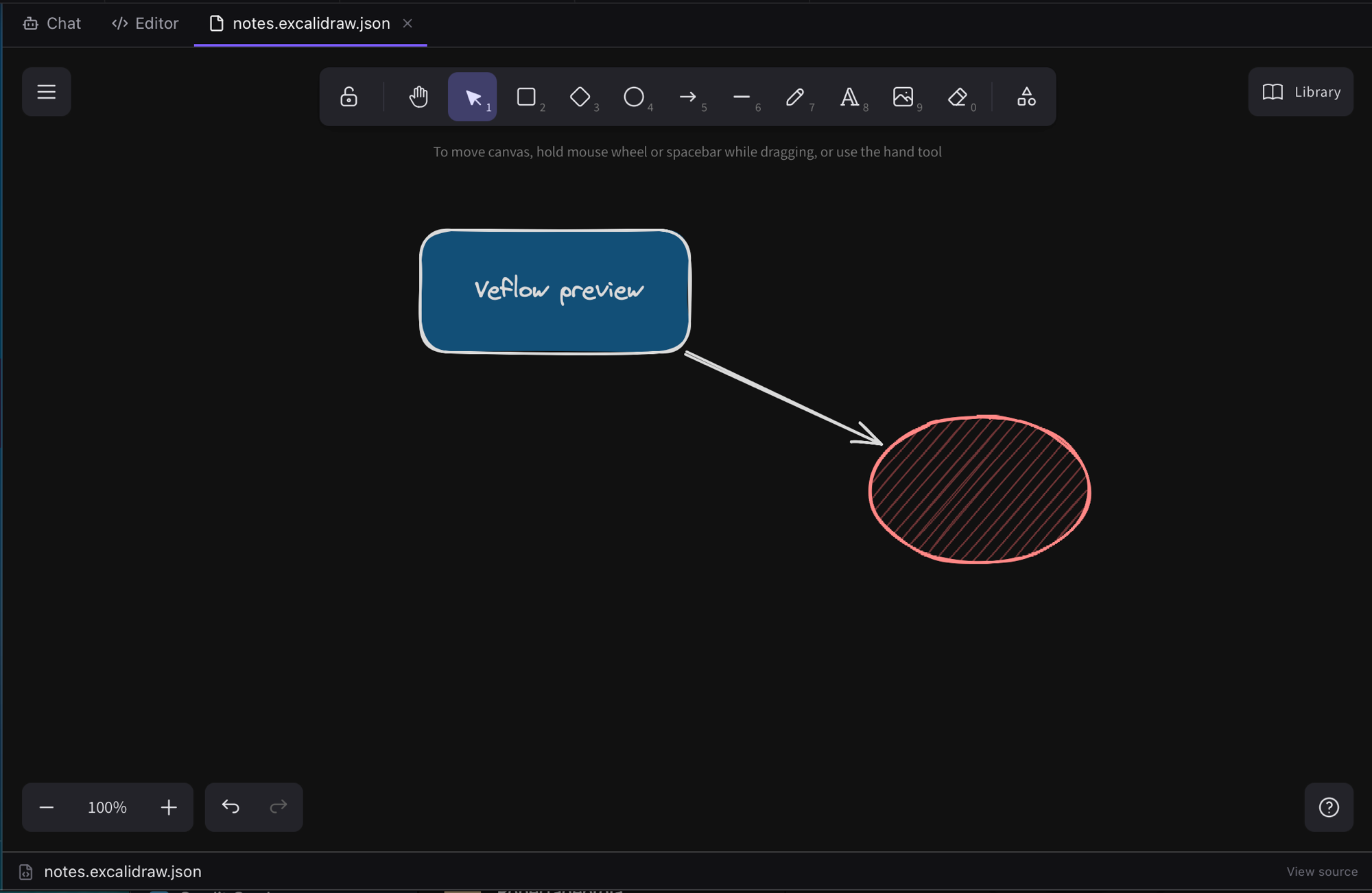 The full Excalidraw editor running inside a Veflow ADE tab: toolbar, canvas with a hand-drawn box and arrow pointing to an ellipse, and a View source footer