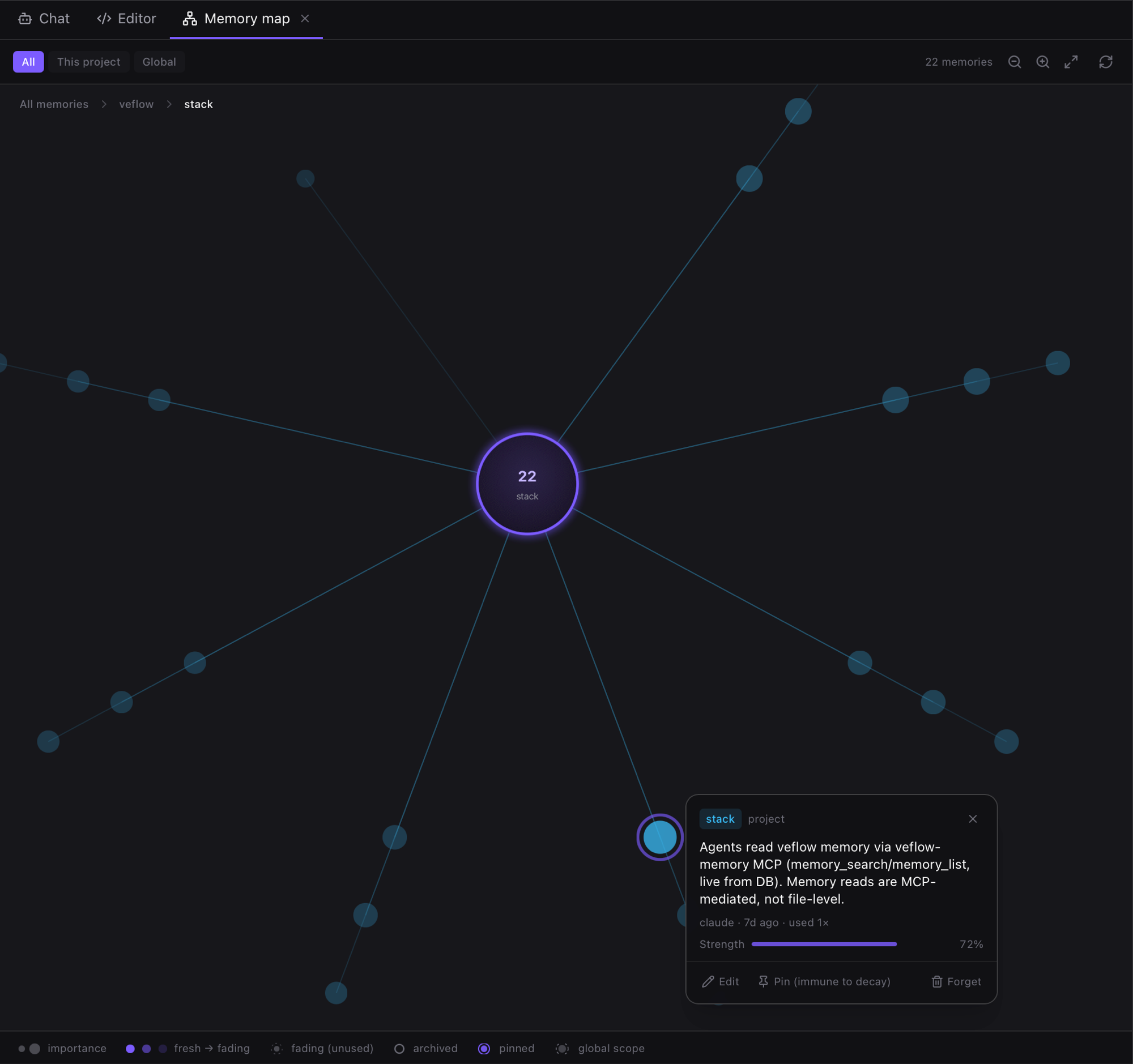 The Memory Map in the Veflow ADE: a radial graph of the project's memories with an individual memory selected, showing its strength, age, and Edit / Pin / Forget actions