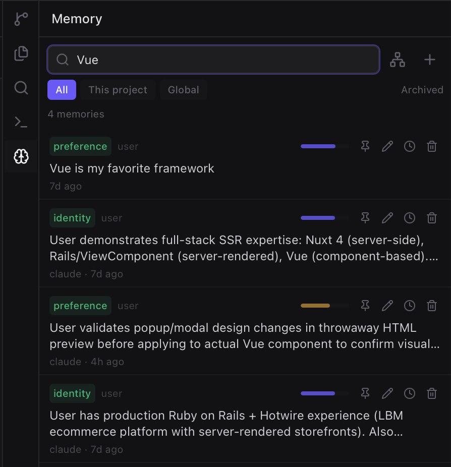 The Memory panel in the Veflow ADE right sidebar: searching memories, filtering by project or global scope, with pin, edit, and forget controls on every entry
