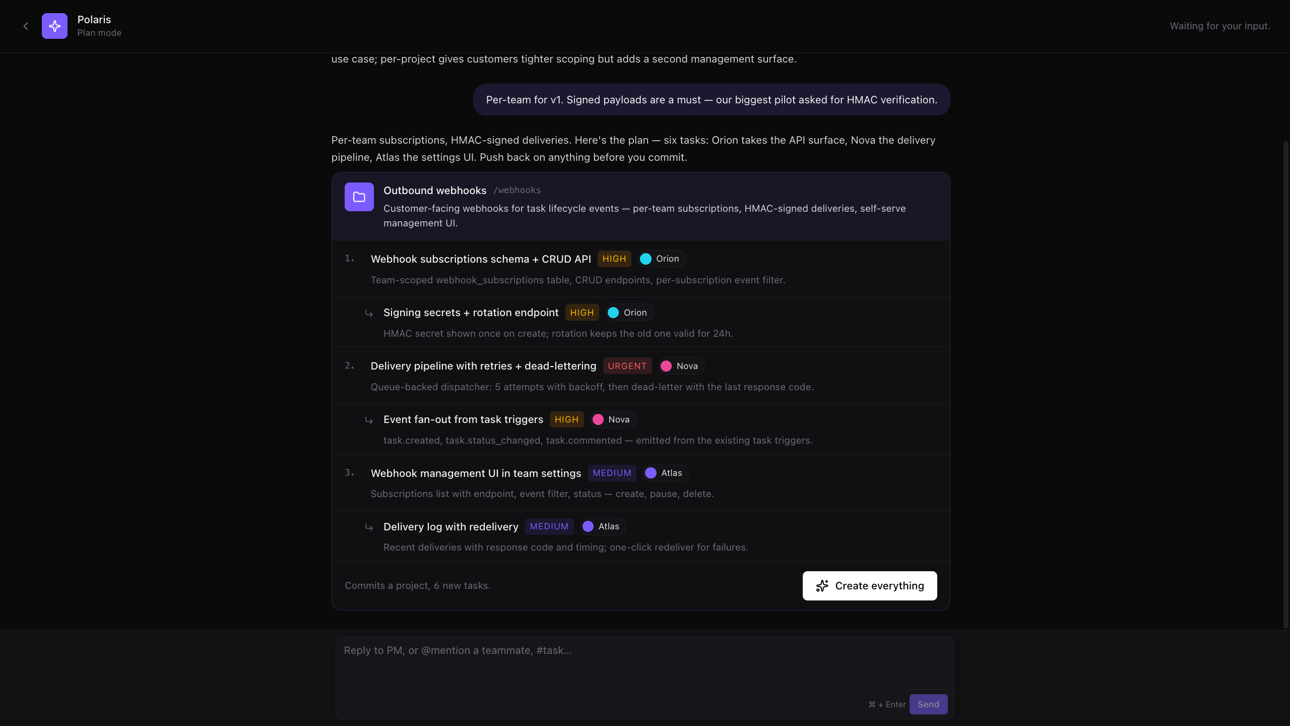 PM chat showing a proposed plan: project title, task list with priorities, each task carrying an agent chip (Atlas/Nova/Orion), inline edit affordances, a Create everything button below