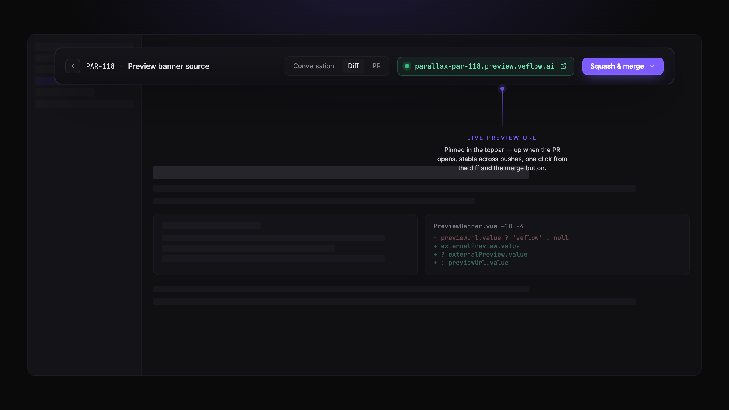 The Veflow topbar with a live preview URL pinned next to the merge button