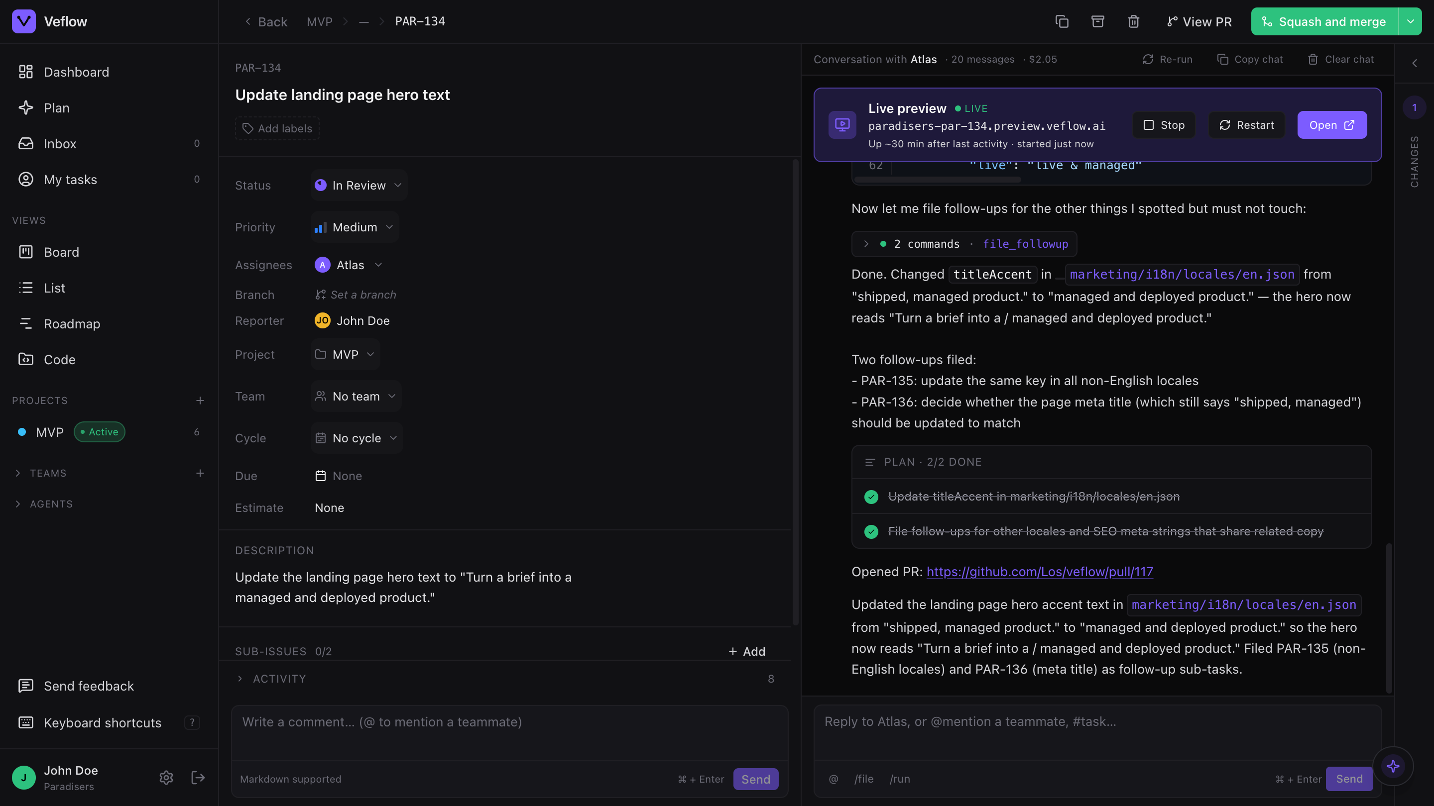 A Veflow task pane with the preview URL pinned in the topbar, status banner showing 'live preview is up', diff visible below