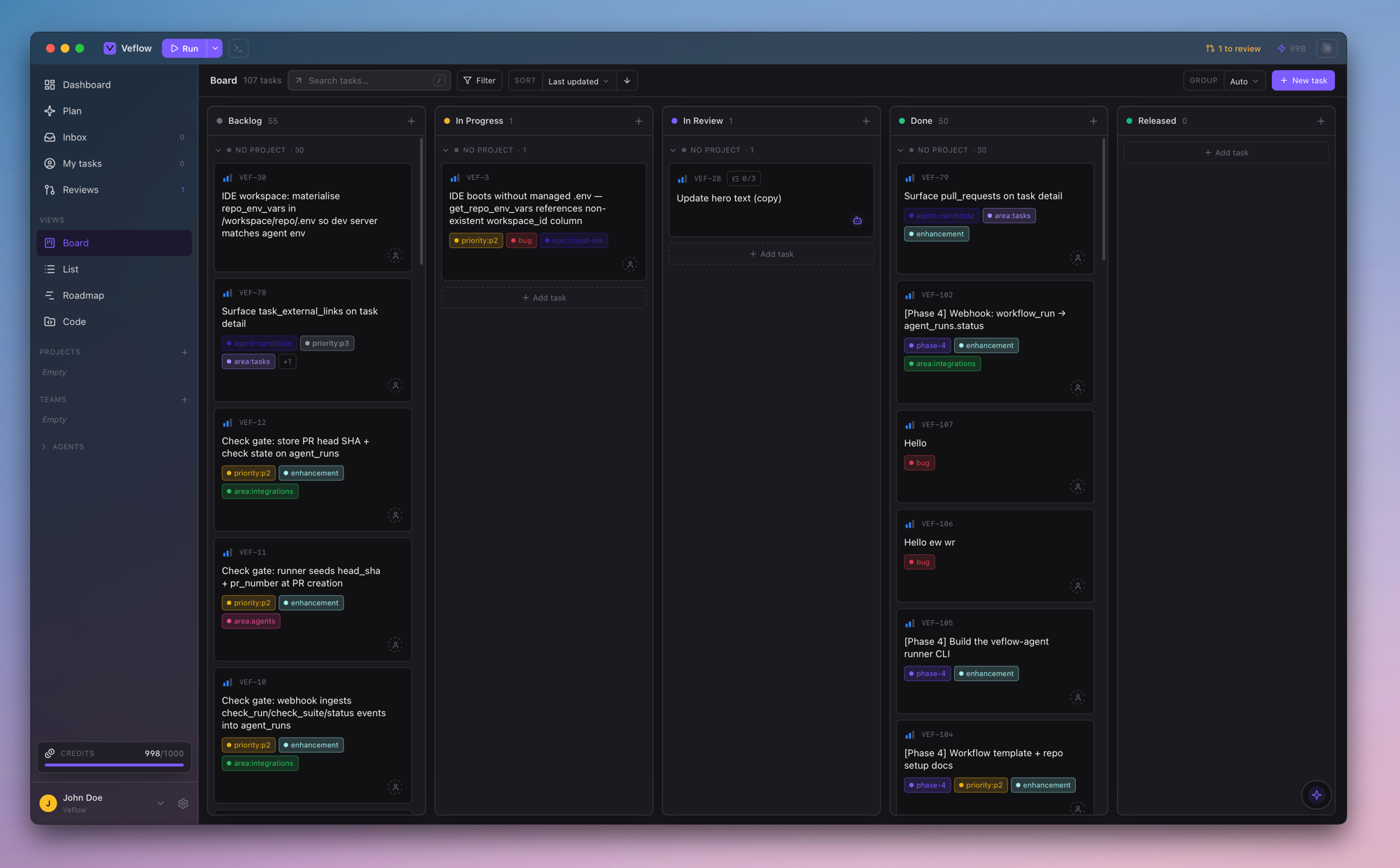 The Veflow desktop app, full window