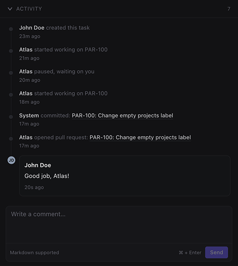 Activity feed showing agent_started → set_task_status → add_comment → pr_opened entries, with timestamps and avatars.