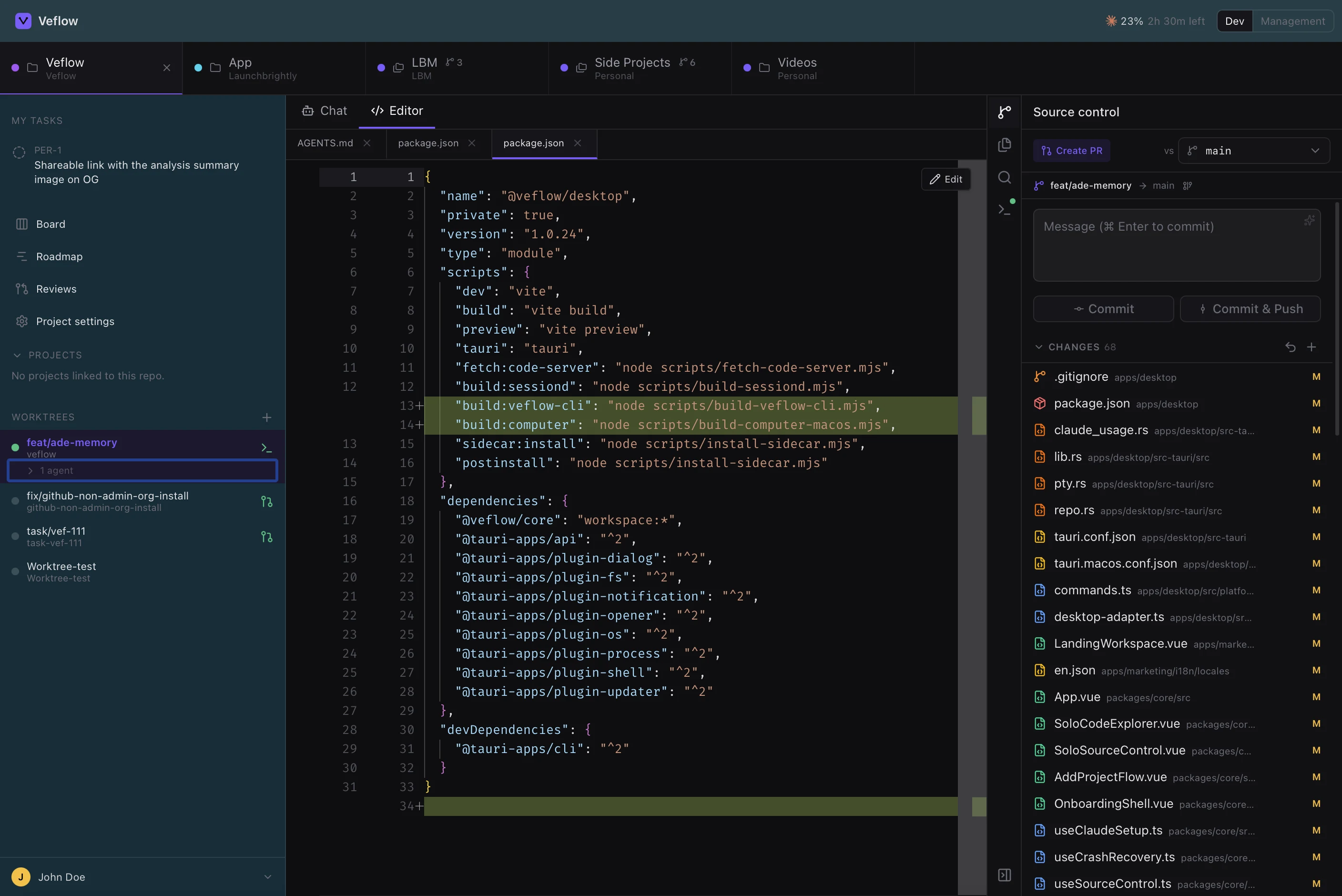 Veflow ADE showing project tabs, isolated worktrees, an inline code diff, and source control