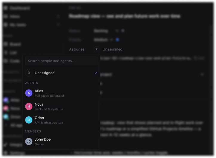 Assignee picker open with Atlas / Nova / Orion visible, Atlas highlighted as the selection.
