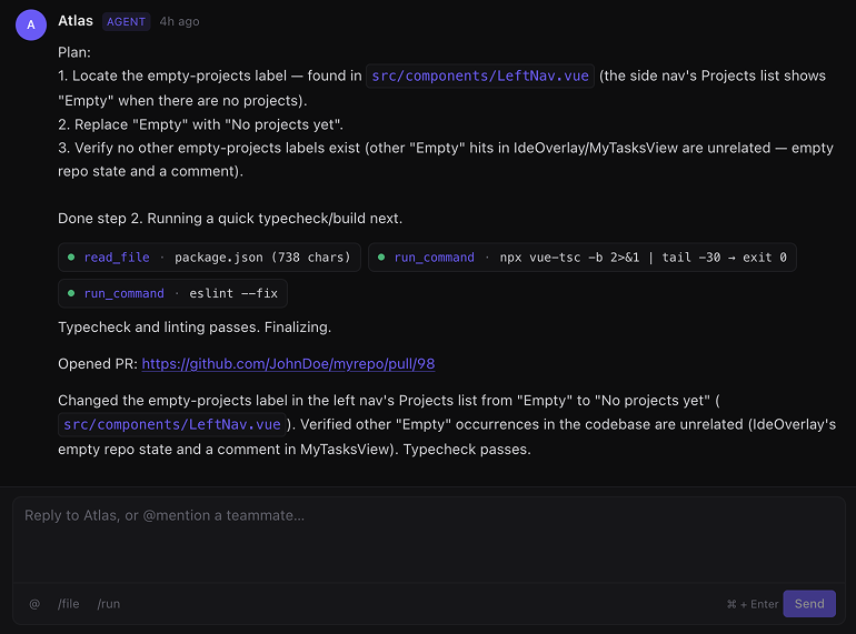 Agent chat showing run_command tool pills — npm test (fail) → apply_patch → npm test (pass) sequence.