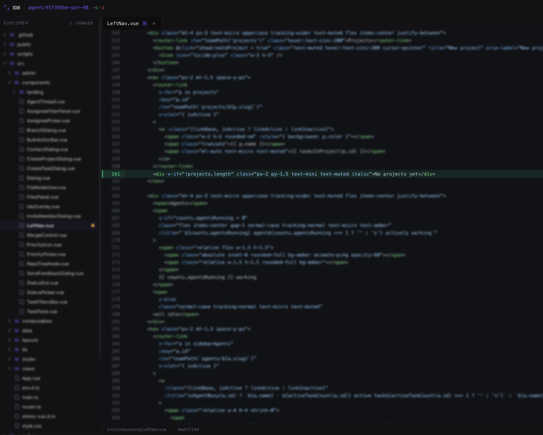 Code explorer overlay open on a Vue file — repo tree on the left, changed lines highlighted, agent chat docked on the right.
