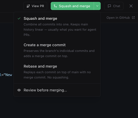 Task detail view with the Merge PR button highlighted in the topbar and the method picker open.