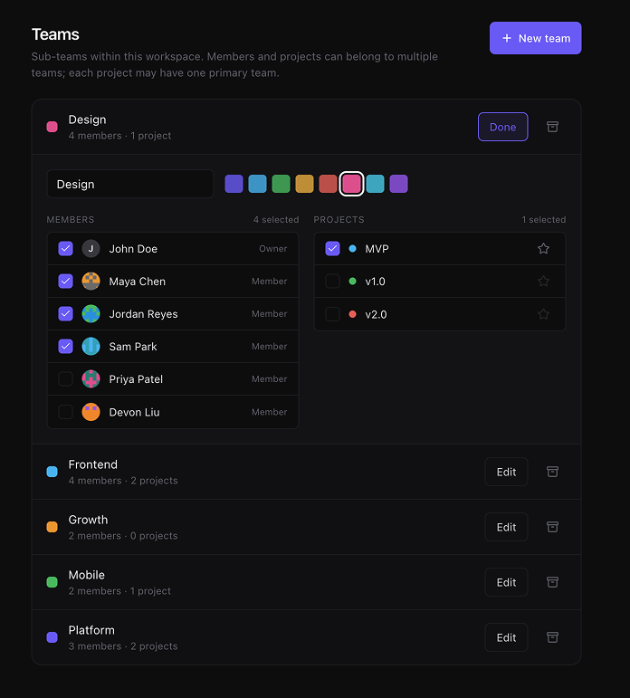 Settings → Teams panel with three teams listed (Platform / Web / Growth), each showing member chips and project chips, primary toggles visible.